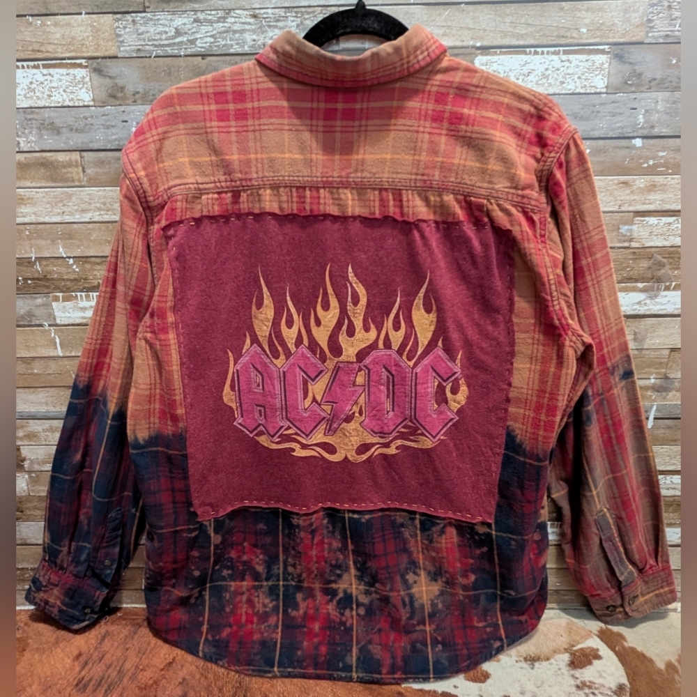 AC/DC Upcycled Flannel Shirt with Red and Black Plaid